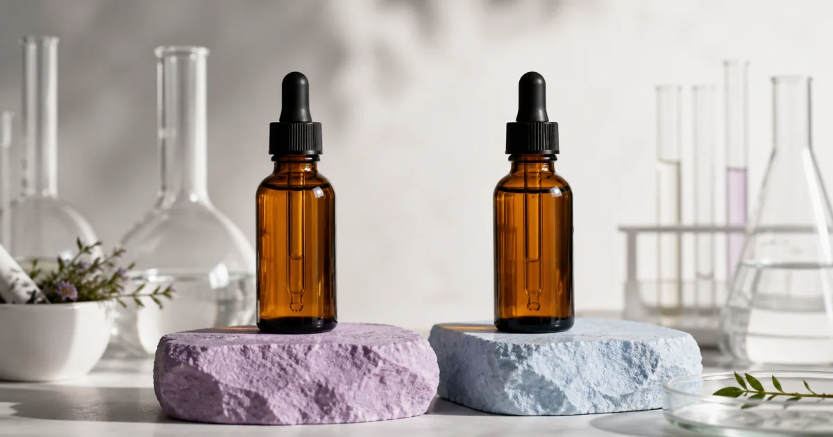 Two plain amber serum bottles on violet and pale blue stone plinths