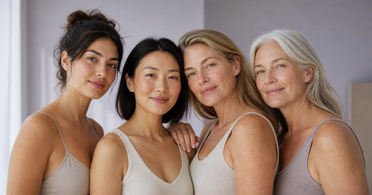 Four adult women of different ages standing together in soft natural light
