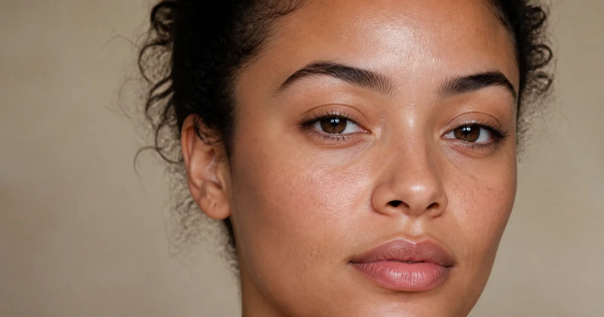 Adult face with natural skin texture and subtle sheen across the forehead and nose