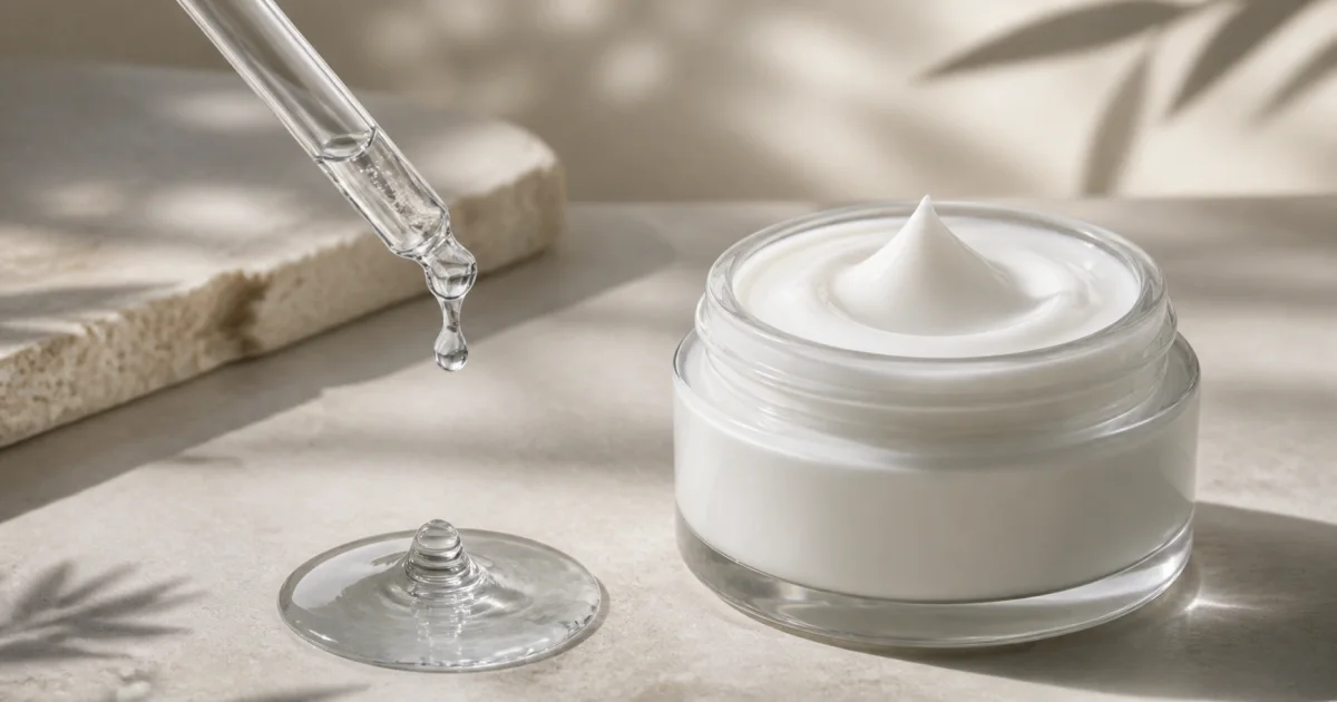 Clear water dropper beside an open jar of white cream on a neutral stone surface
