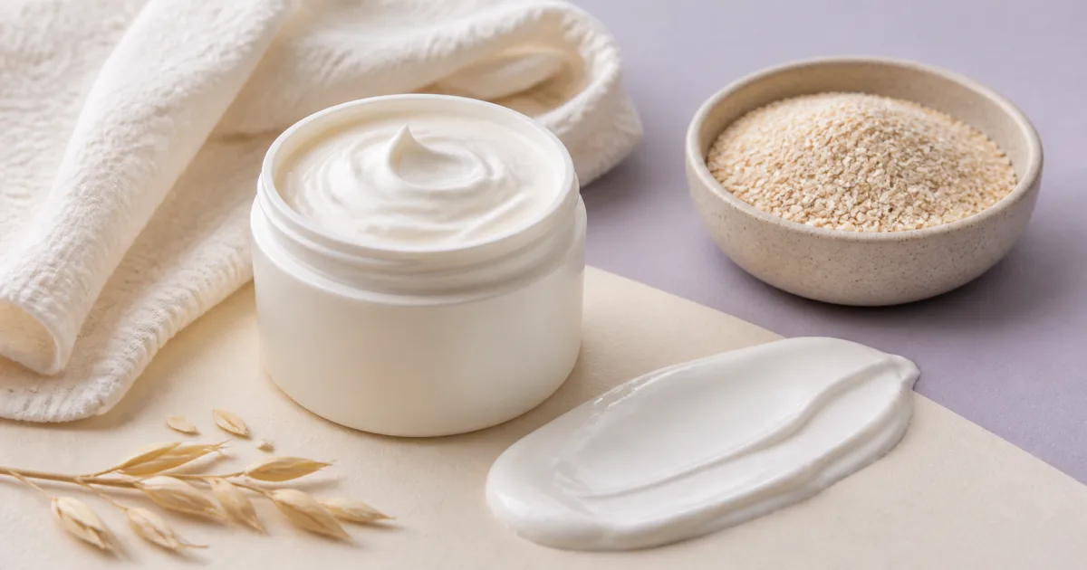 Plain moisturiser jar, cream swatch and bowl of milled oats on a pale surface
