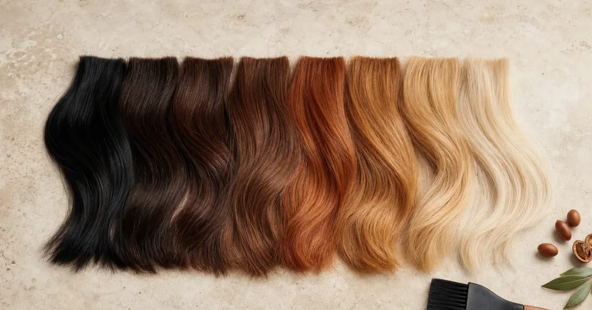 Nuancier de mèches allant du noir au blond pour choisir une coloration permanente