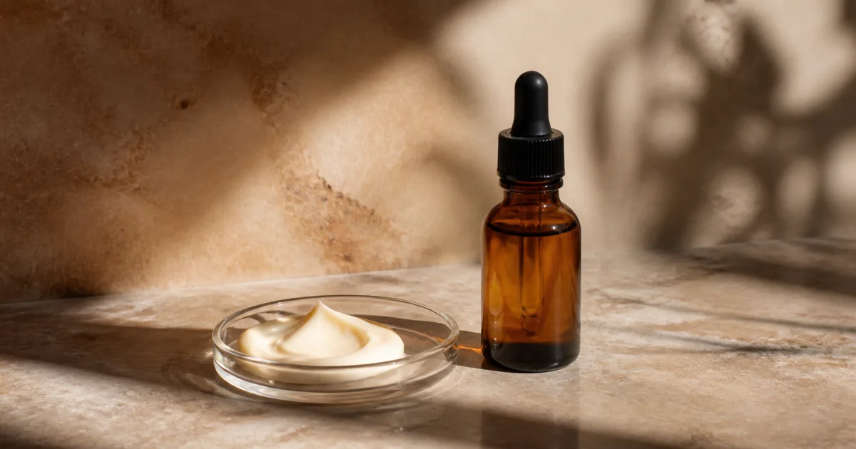 Plain amber dropper bottle beside a pale cream swatch on a neutral stone surface