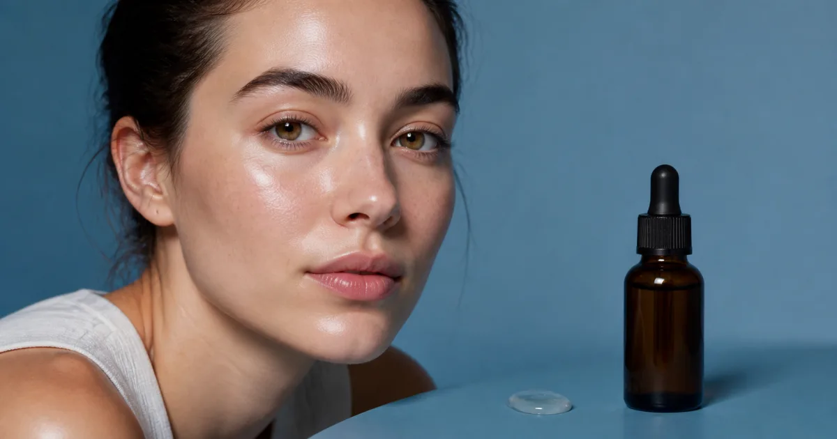Adult with natural skin sheen beside a plain amber serum dropper