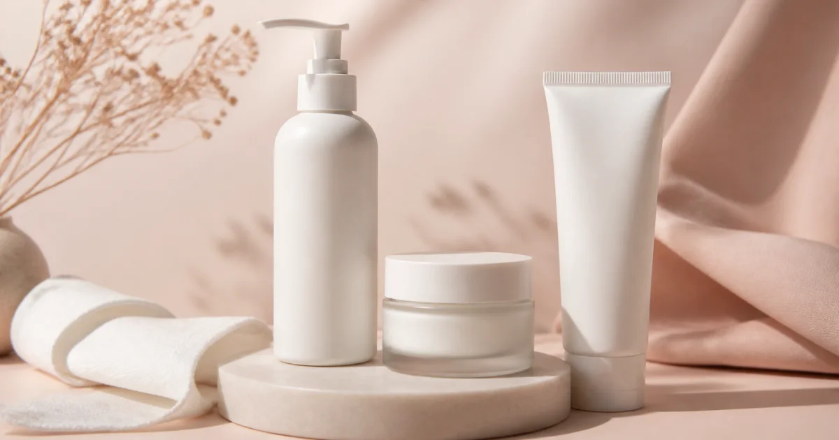 Plain gentle cleanser, cream jar and sunscreen tube on a soft blush background