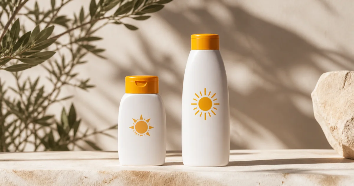 Two plain white sunscreen bottles with orange sun symbols in warm natural light