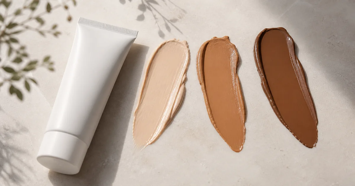 Plain sunscreen tube beside light, medium and deep tinted cream swatches